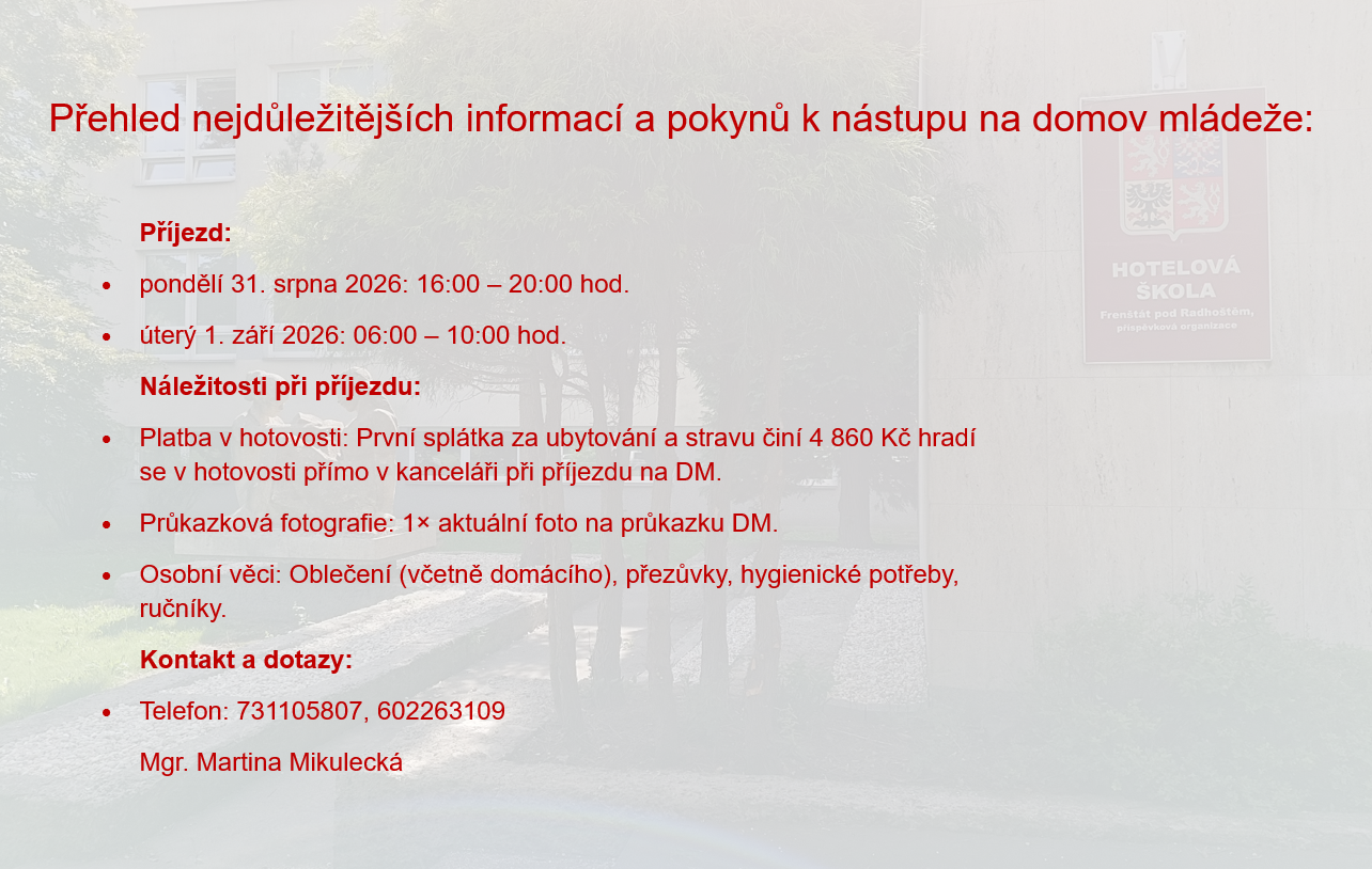 Informace k nástupu na domov mládeže